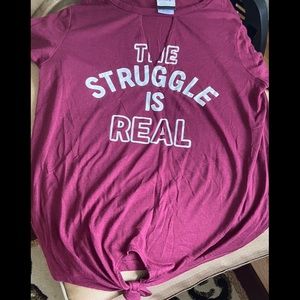 “The struggle is real” v cut out burgundy t shirt
